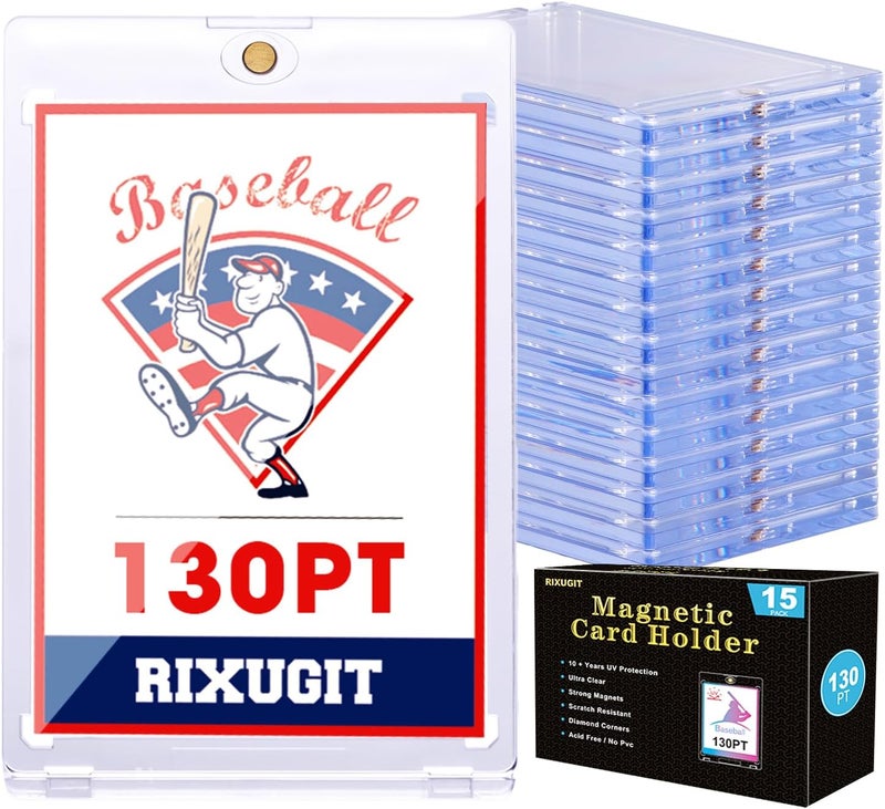 RIXUGIT 130pt Magnetic Card-Holders for Trading Cards - 15-Pack One Touch Card Case with Stronger Magnet, UV Protection， Card Protectors Hard Plastic, Card Sleeves Display Case for Baseball Card Sports Cards - Image 1